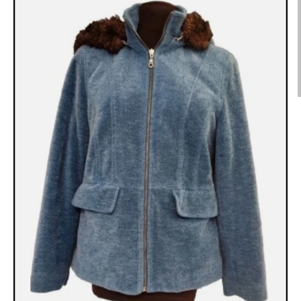 L.L. Bean Teal Blue Teddy Hoodie Jacket FauxFur Trim Womens Medium